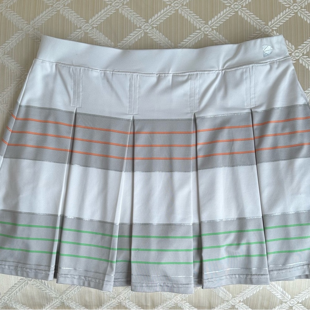 Pure Lime Pleated Tennis Skort with Gray, Orange and Green Stripes